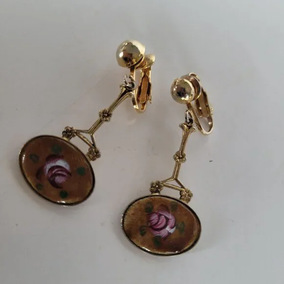 Art Noveau Cloissone Floral Dangle Drop Earrings Gold Tone - Picture 7 of 10